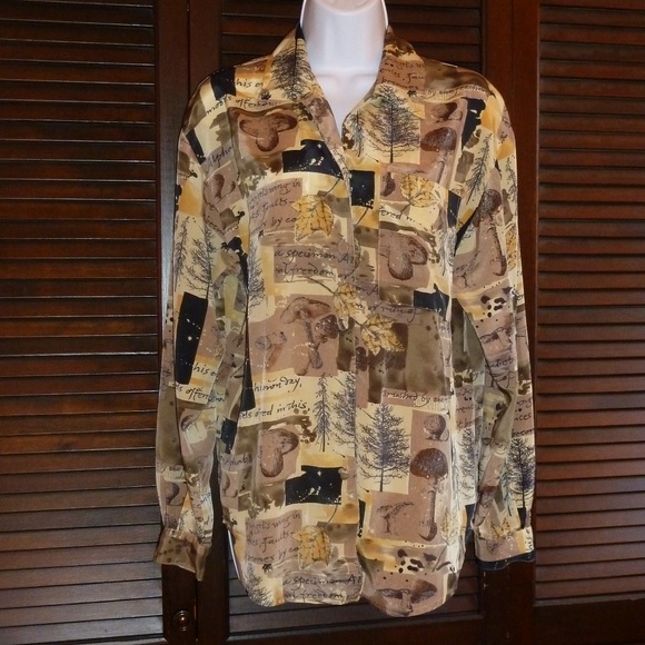 Casual Corner Tops - Autumn Fall Print Brown Gold Button Down Shirt, S